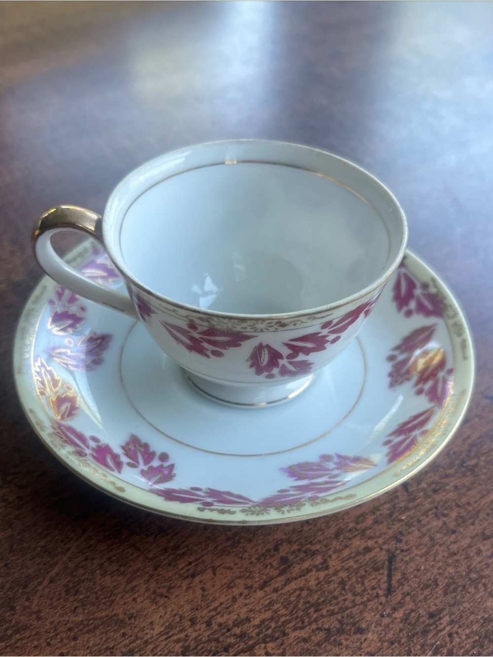 Vintage Occupied Japan Ucagco Demitasse Tea Cup & Saucer Purple Leaf Gold Trim